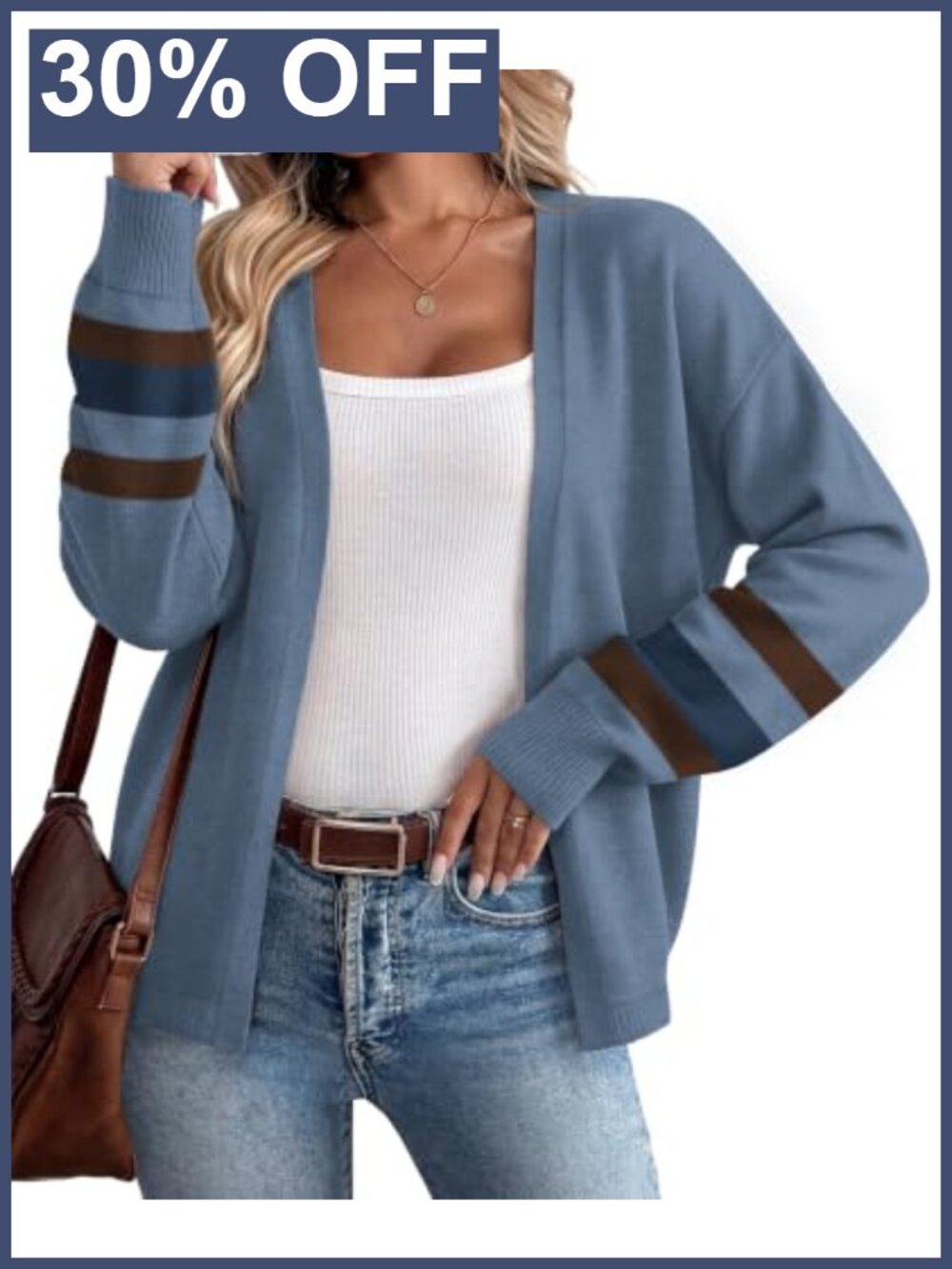 WIHOLL Women's Open Front Knit Cardigan Balloon Sleeve Striped Cuffs Casual